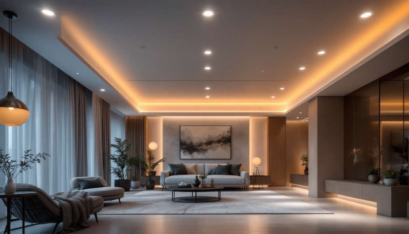 A photograph of a beautifully designed room showcasing recessed ceiling lights in various configurations