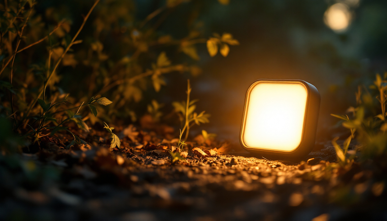 A photograph of a portable led light illuminating a serene outdoor setting