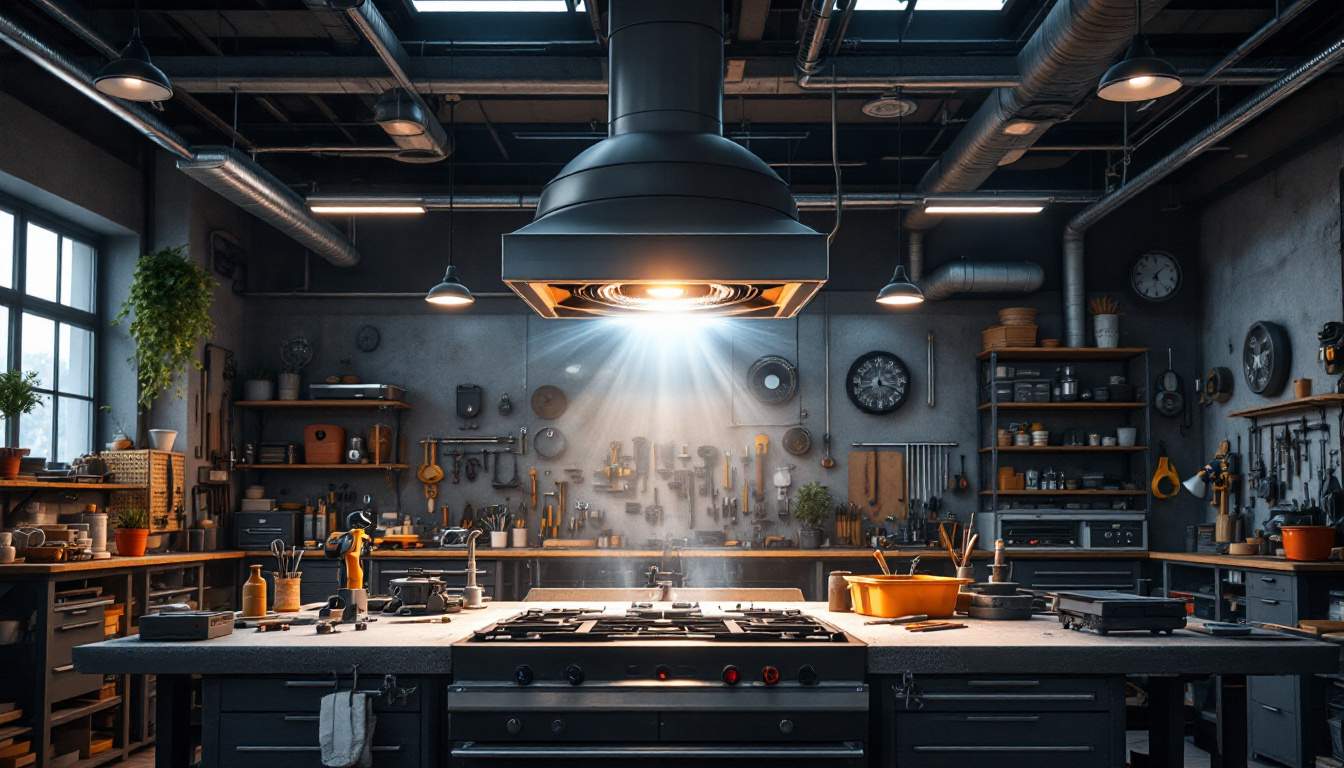 A photograph of a well-designed shop environment featuring a powerful exhaust fan in action