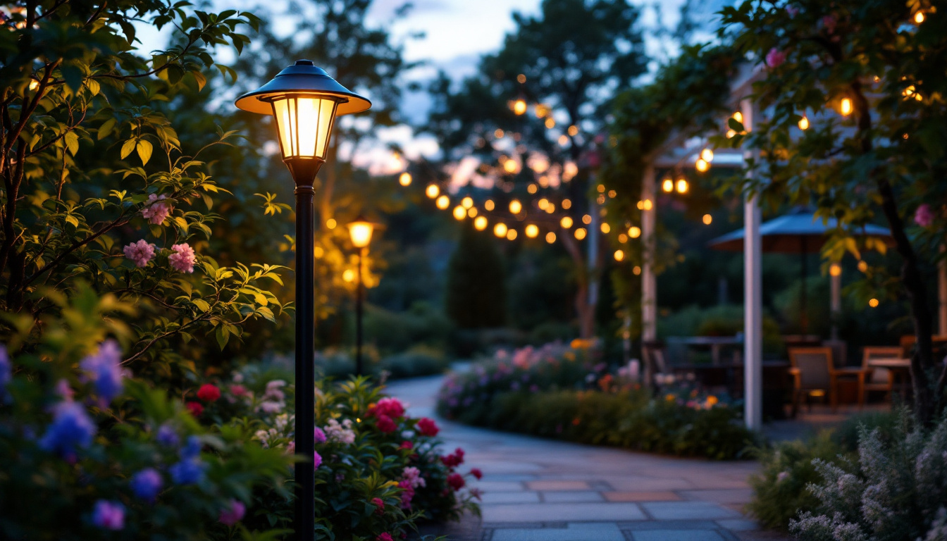 A photograph of capture a photograph of a beautifully illuminated solar lamp post light in a picturesque outdoor setting