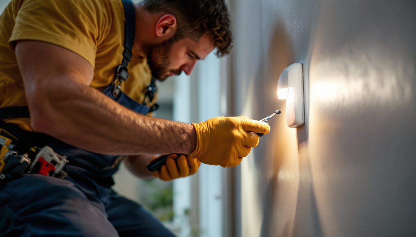 A photograph of a technician installing a lights-on sensor in a residential or commercial setting