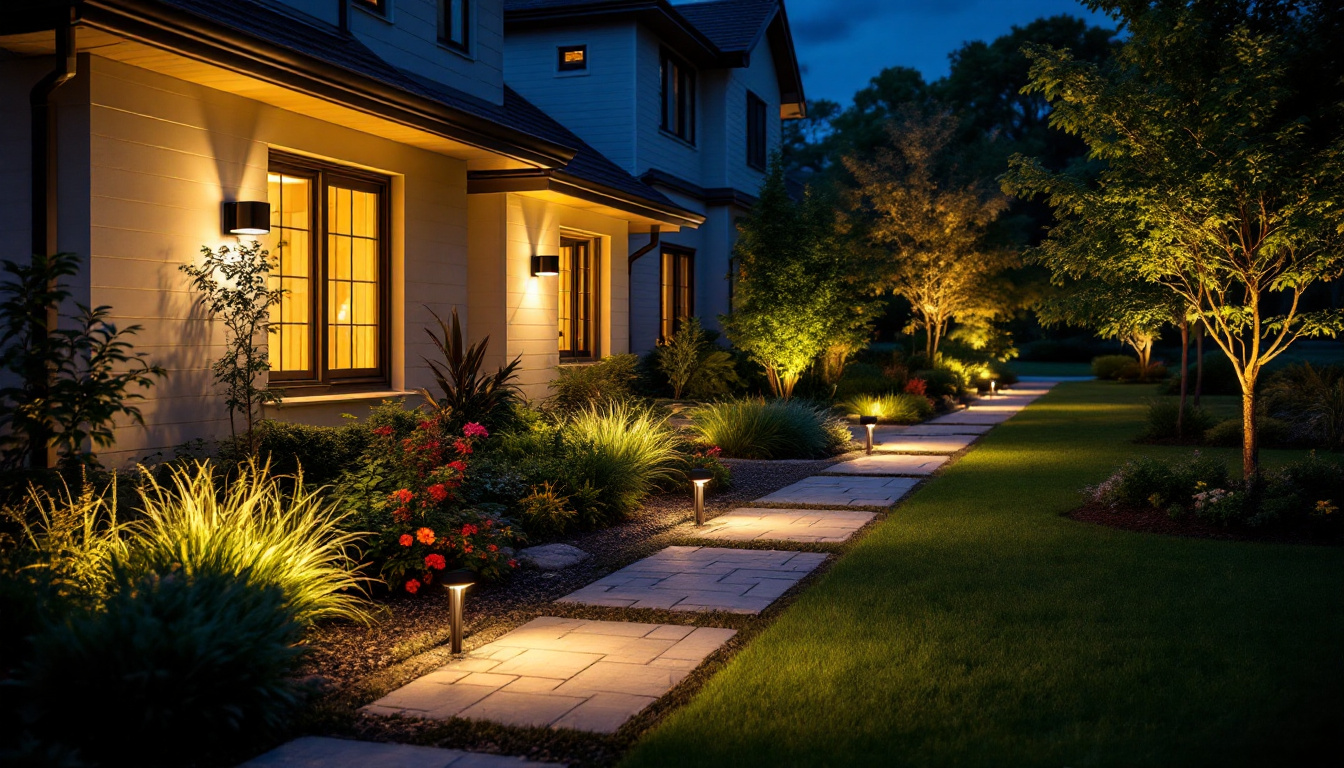 A photograph of a well-lit exterior setting showcasing a variety of led motion detector lights in action