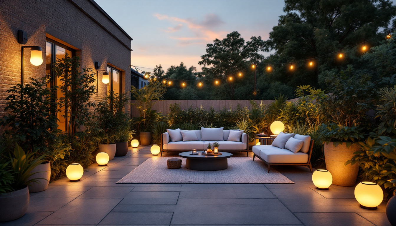 A photograph of a beautifully designed outdoor patio illuminated by stylish solar lights