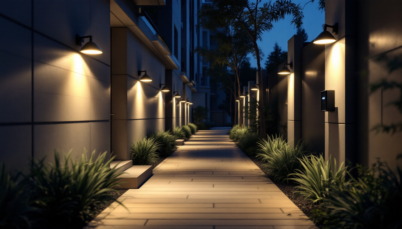 A photograph of a well-lit outdoor space featuring led wall lights illuminating pathways and highlighting security features