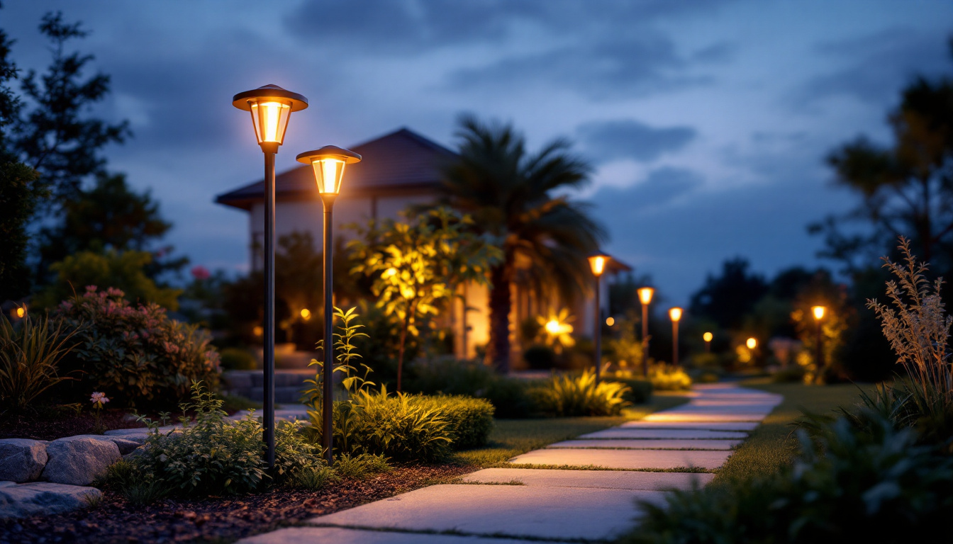 A photograph of a beautifully landscaped outdoor space illuminated by solar post lamps at dusk