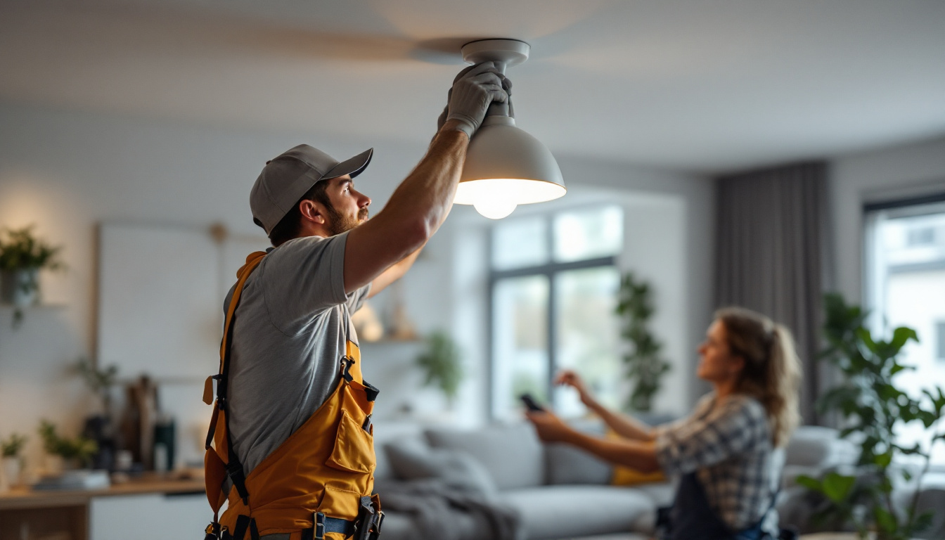 A photograph of capture a photograph of a skilled electrician installing a stylish ceiling canister light in a modern living space