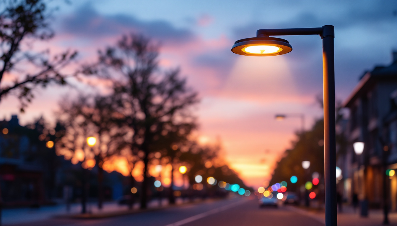 A photograph of a modern led street bulb illuminating a vibrant urban street at dusk