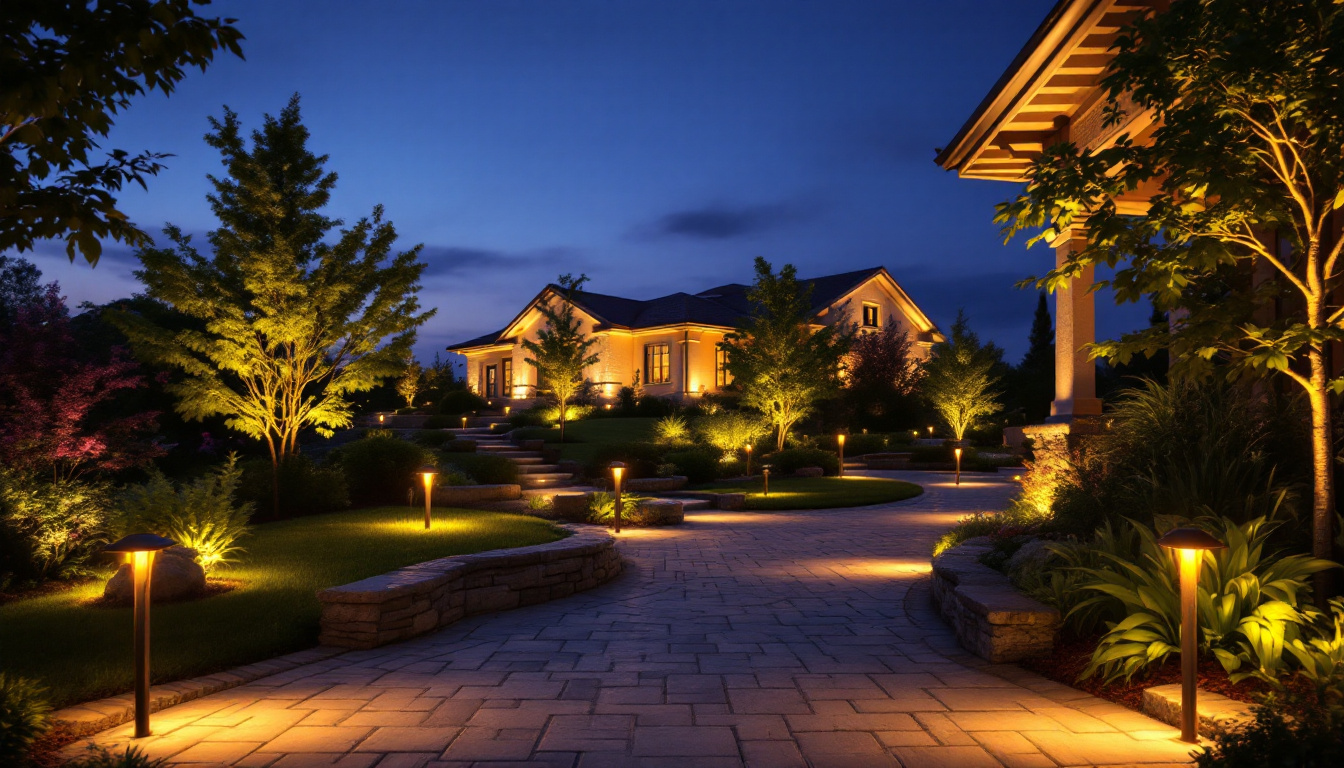 A photograph of a beautifully landscaped outdoor space illuminated by various styles of solar exterior lighting