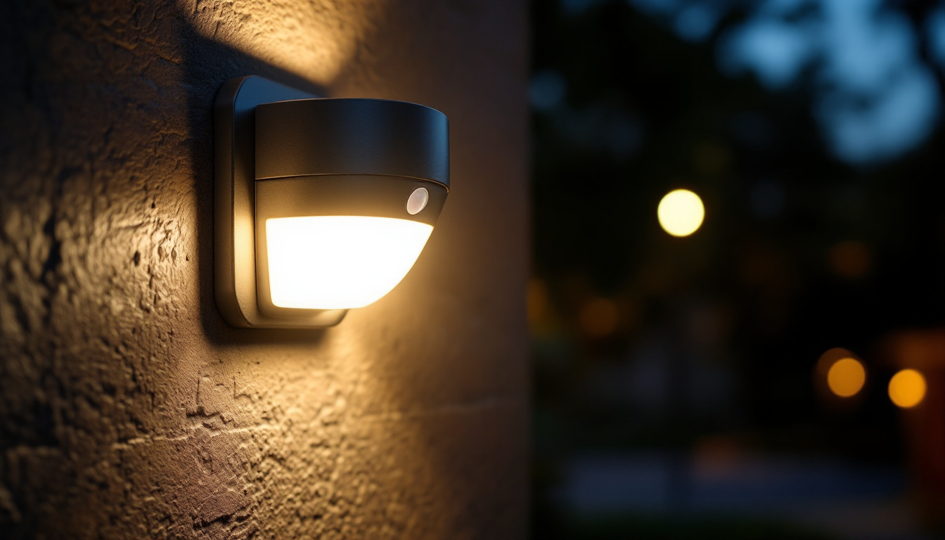 A photograph of a motion-detecting light fixture illuminating a pathway or outdoor area at dusk