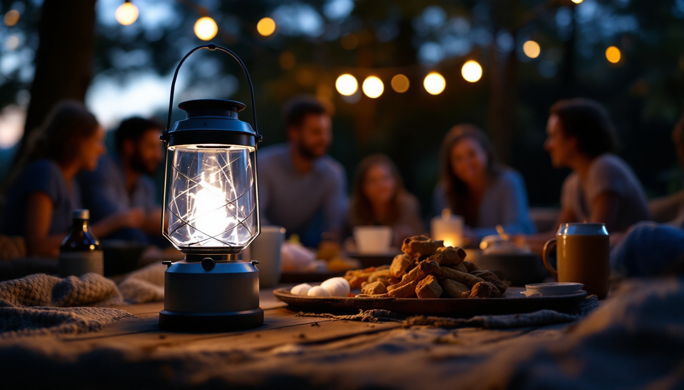 A photograph of capture a photograph of a luminaid lantern illuminating a cozy outdoor setting at dusk