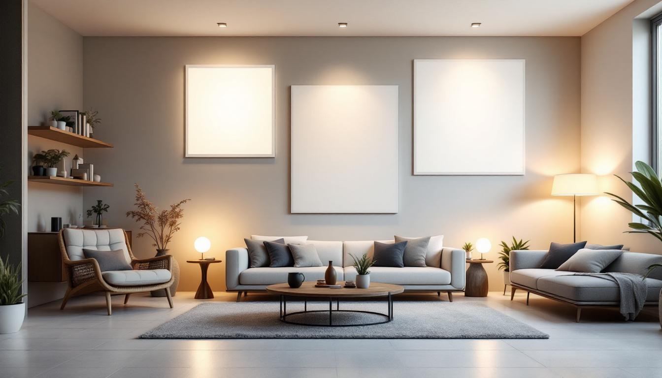 A photograph of a well-lit room showcasing various led flat panel lights installed in different settings