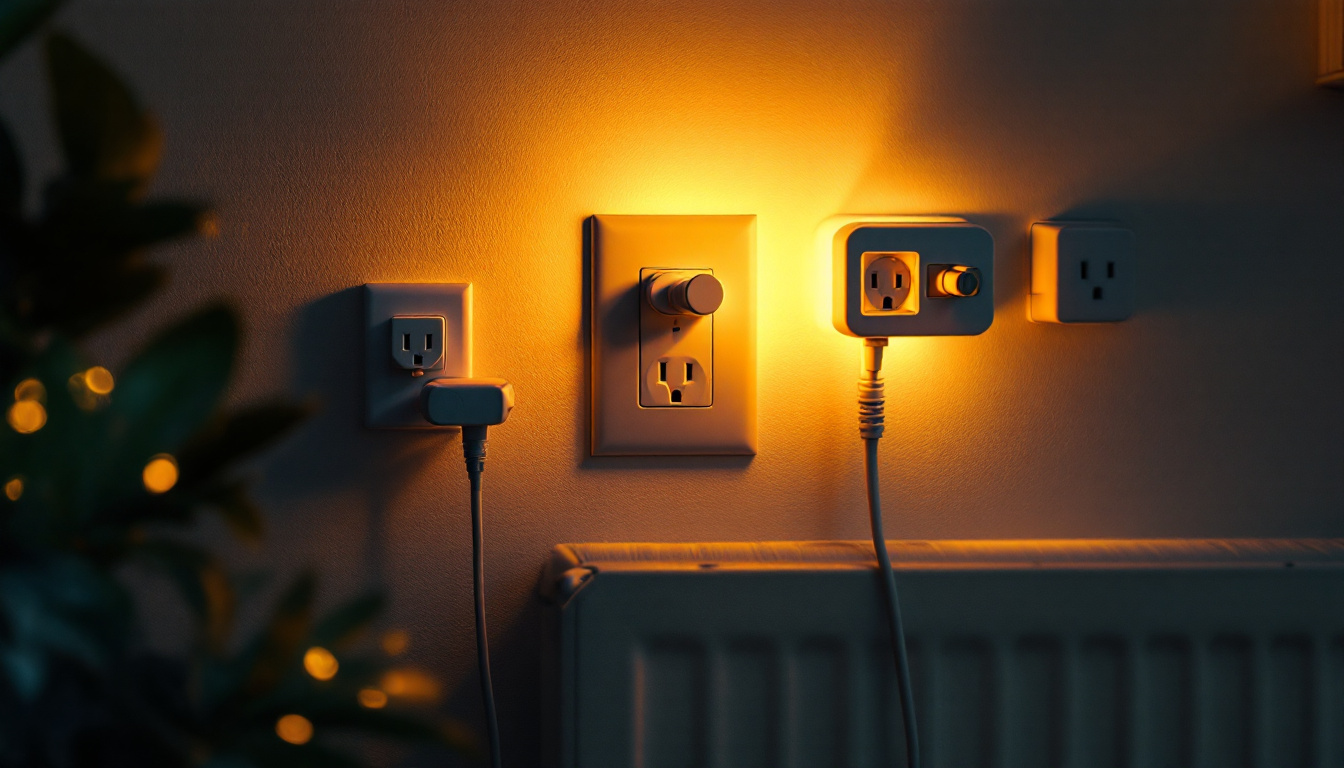 A photograph of capture a photograph of a well-lit room showcasing various types of electrical outlet plugs in use