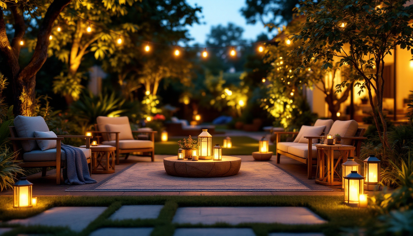 A photograph of a beautifully arranged outdoor setting featuring various solar lanterns from lowe's