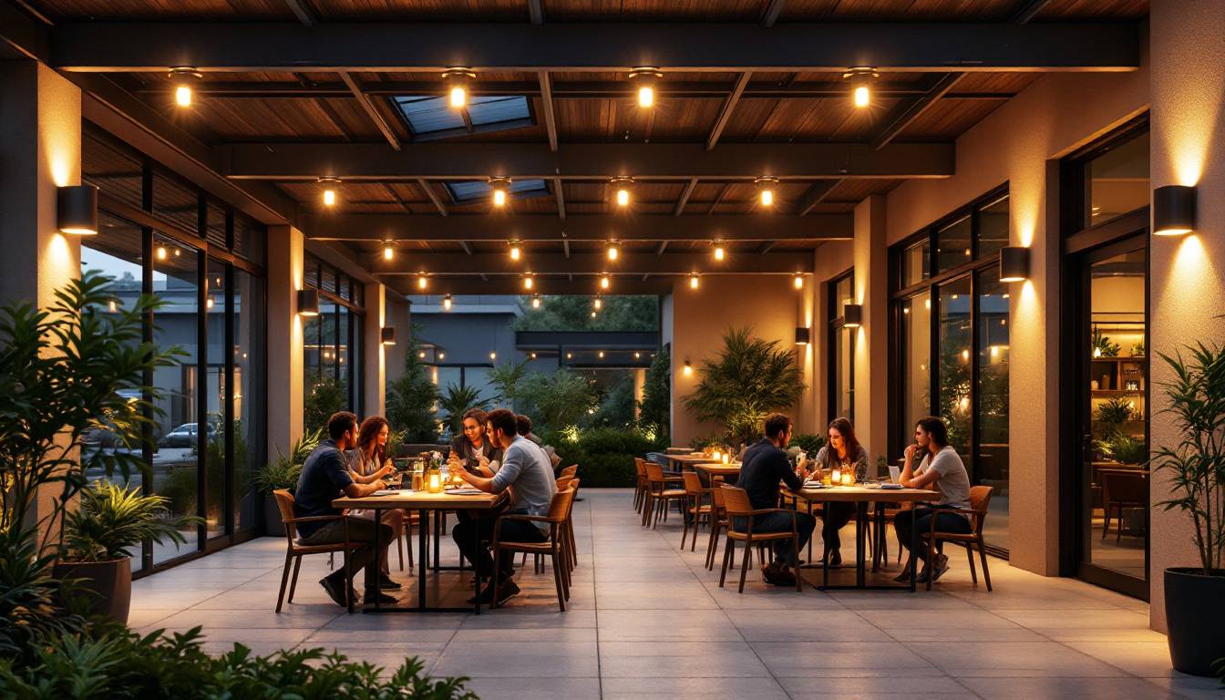 A photograph of a modern industrial patio illuminated by sleek solar lighting fixtures