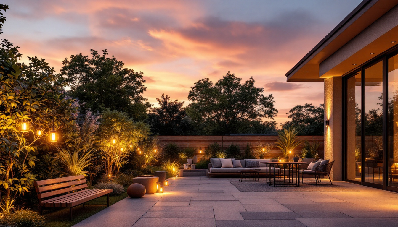 A photograph of a beautifully illuminated outdoor space featuring dusk to dawn lights