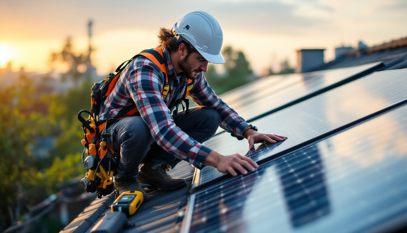 A photograph of a skilled technician installing led lights and solar panels on a rooftop