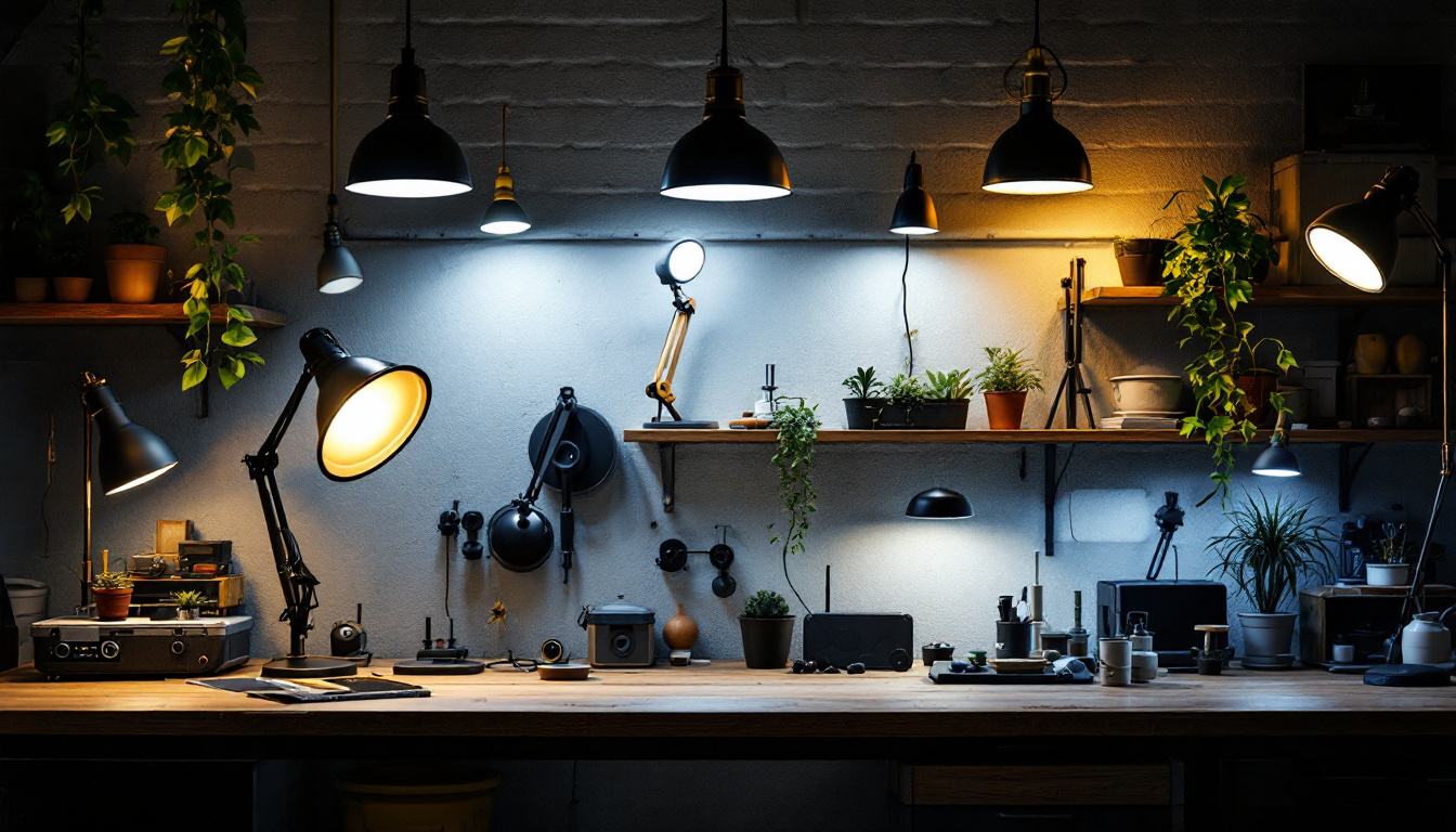 A photograph of a well-lit garage featuring various stylish and functional lamp fixtures