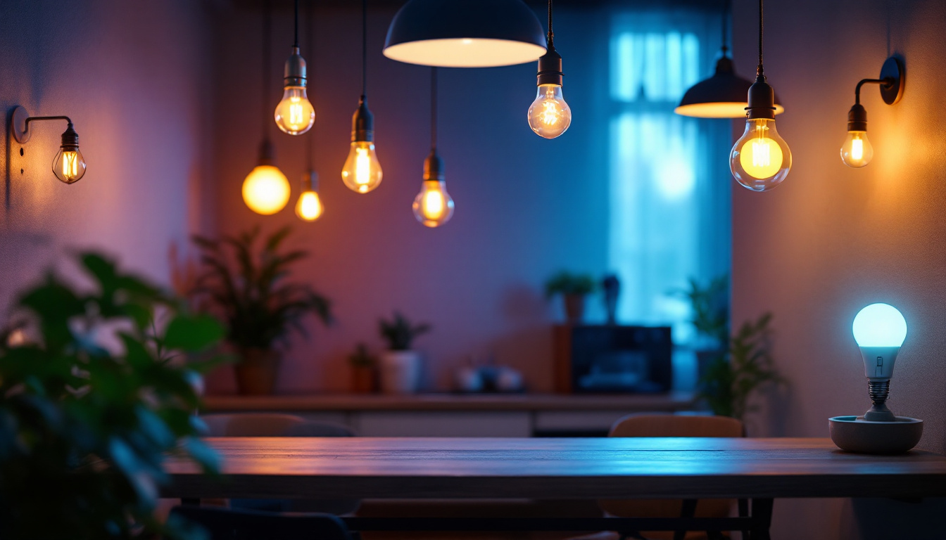 A photograph of a well-lit interior space showcasing a variety of led bulbs in stylish fixtures