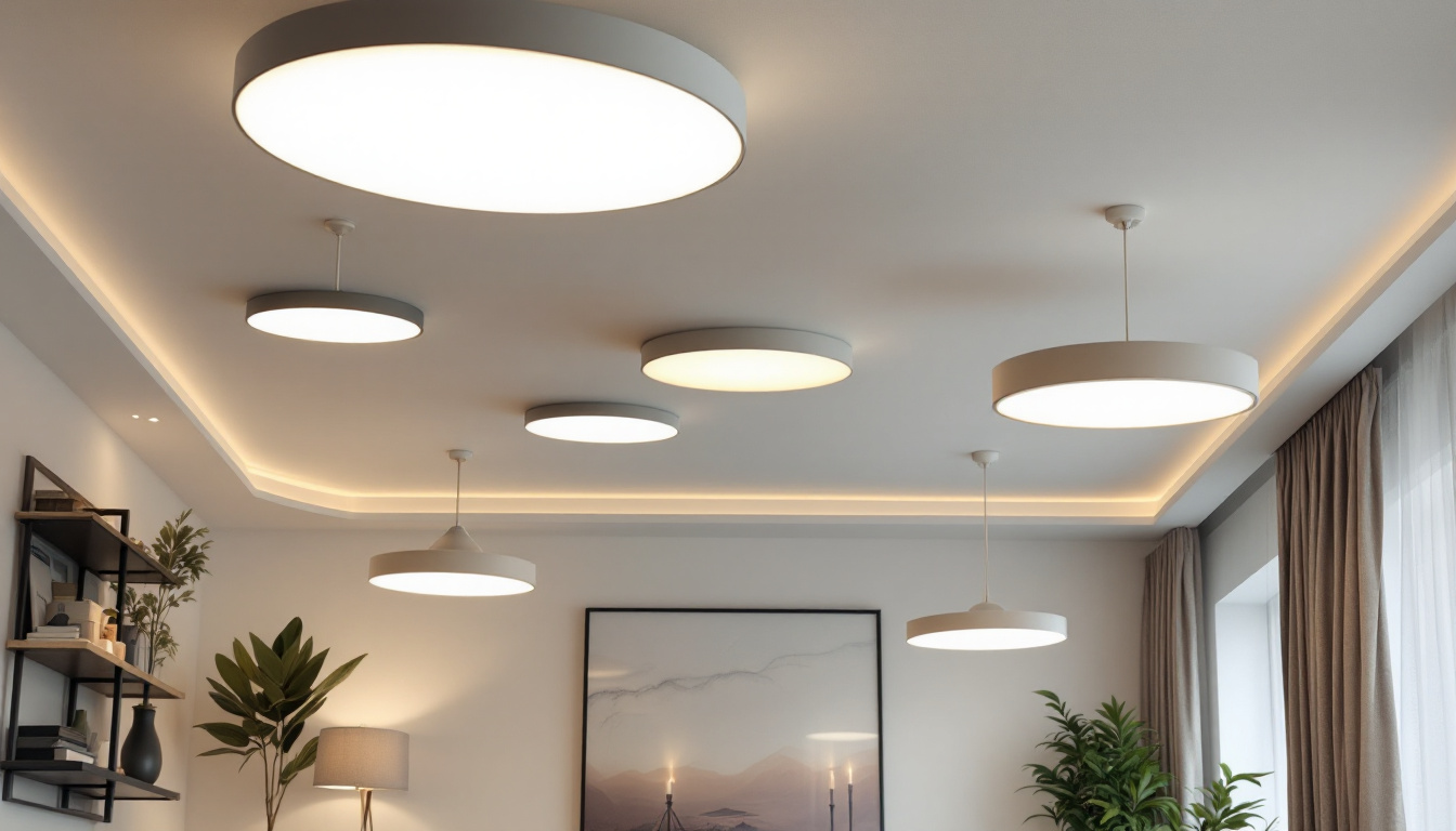 A photograph of a beautifully designed room featuring various flat ceiling lights in use