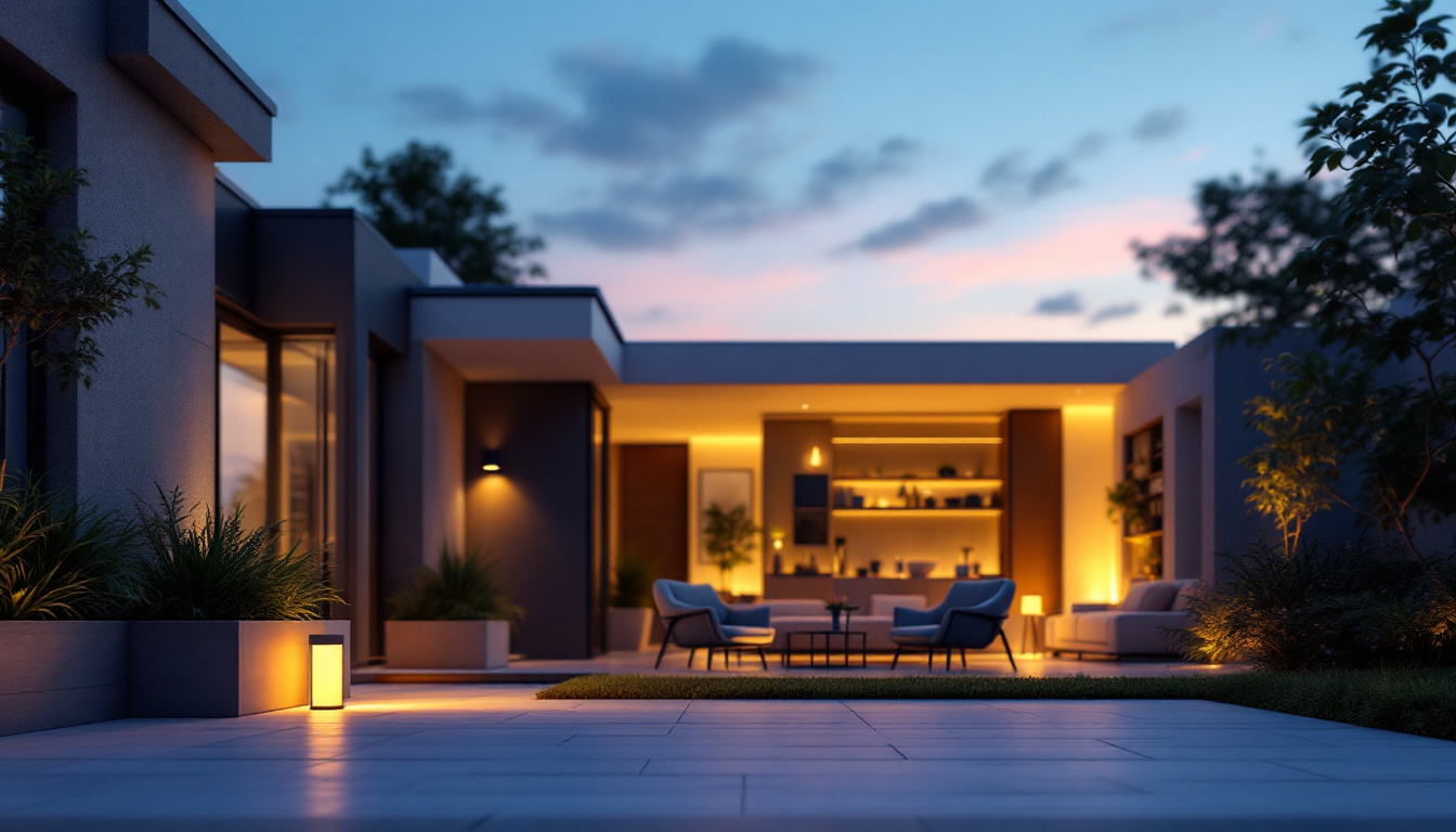 A photograph of a stylish outdoor space illuminated by modern led lamps