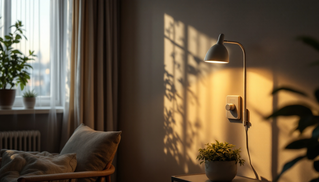 A photograph of a well-lit room featuring a stylish motion sensor lamp switch in action