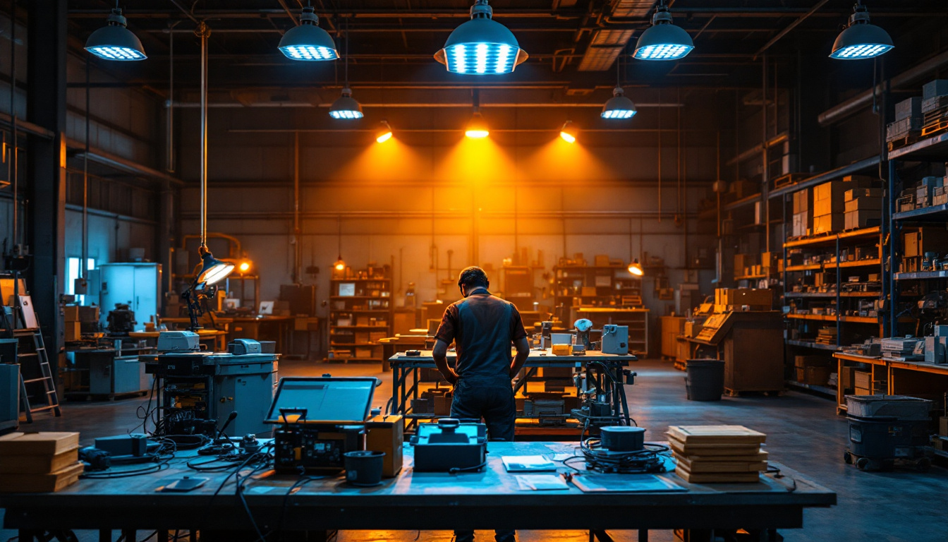 A photograph of a well-lit industrial workspace showcasing solar shop lights illuminating various activities