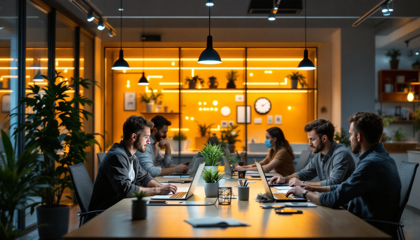 A photograph of a modern office space illuminated by bright led workplace lights