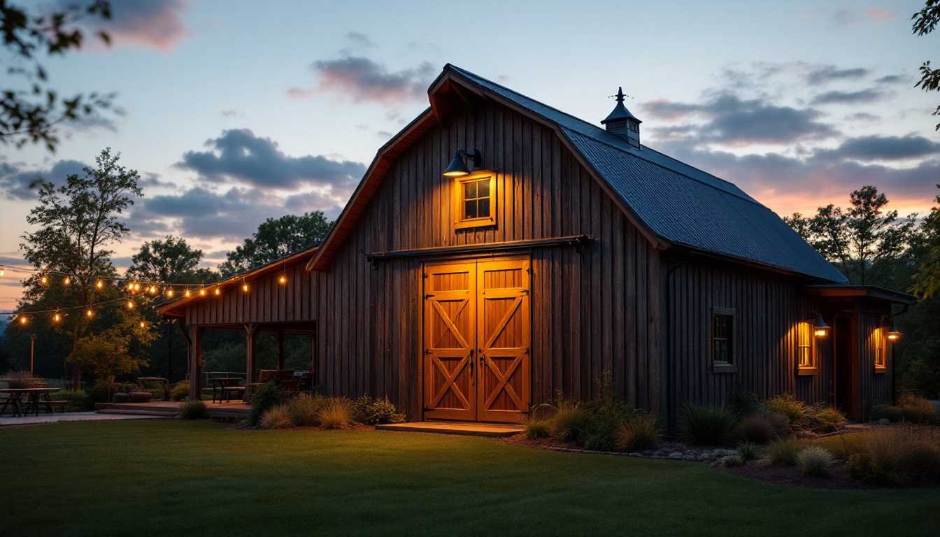 A photograph of a beautifully lit outdoor space featuring stylish barn lights installed on a rustic barn or home exterior