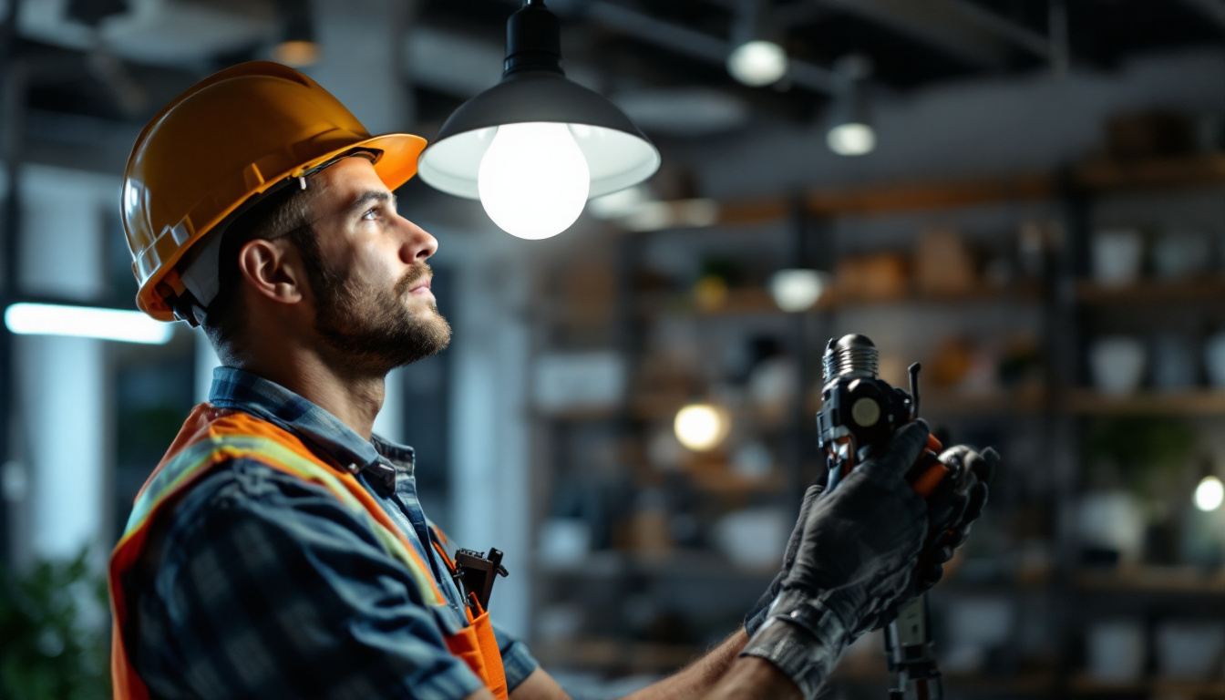 A photograph of a skilled technician installing a light bulb in a modern fixture