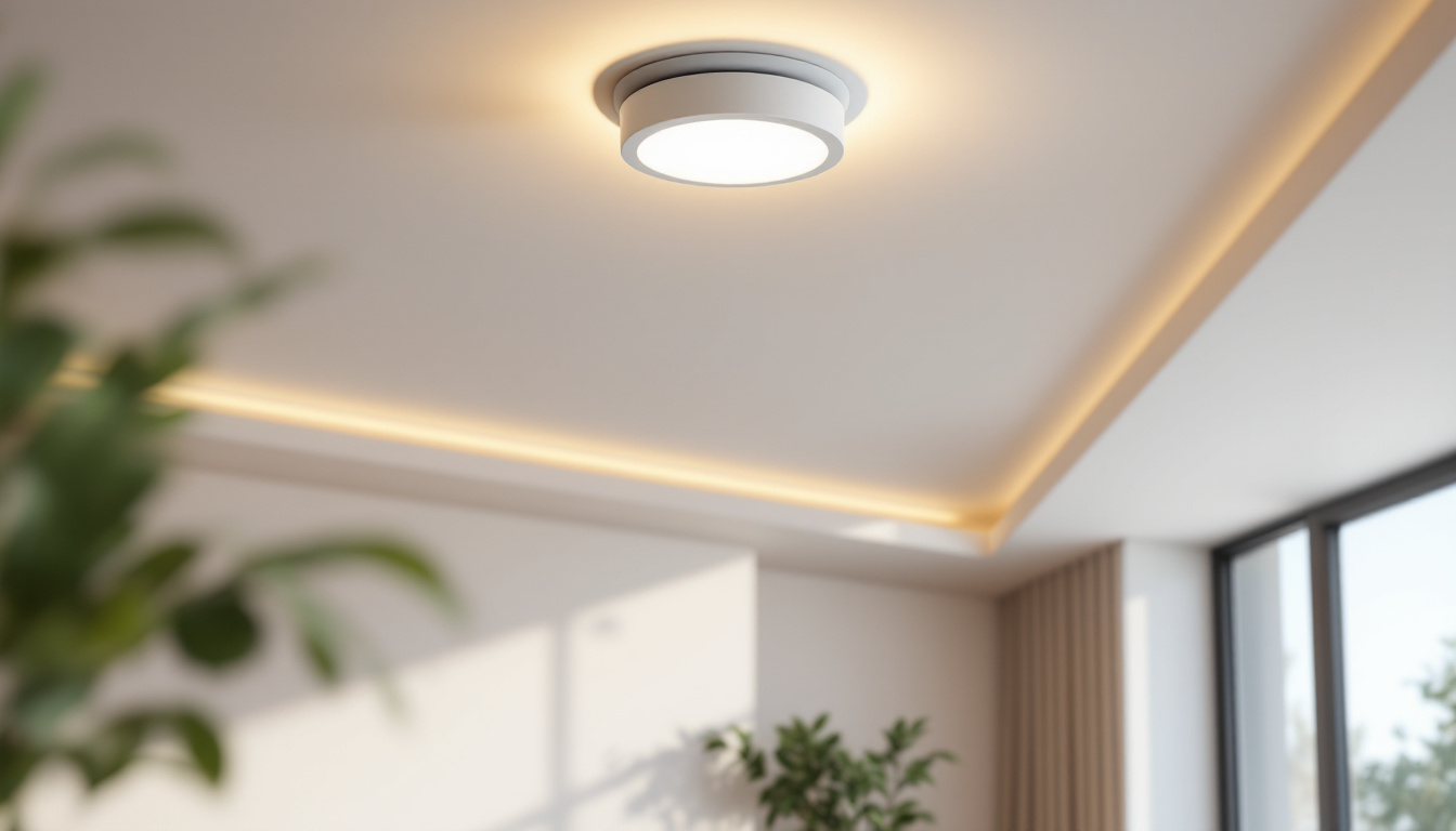 A photograph of a modern flush mount led ceiling light fixture illuminating a well-designed room