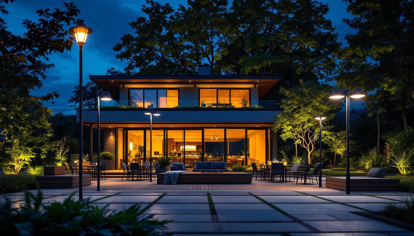 A photograph of a beautifully lit outdoor space showcasing a variety of light fixtures in use