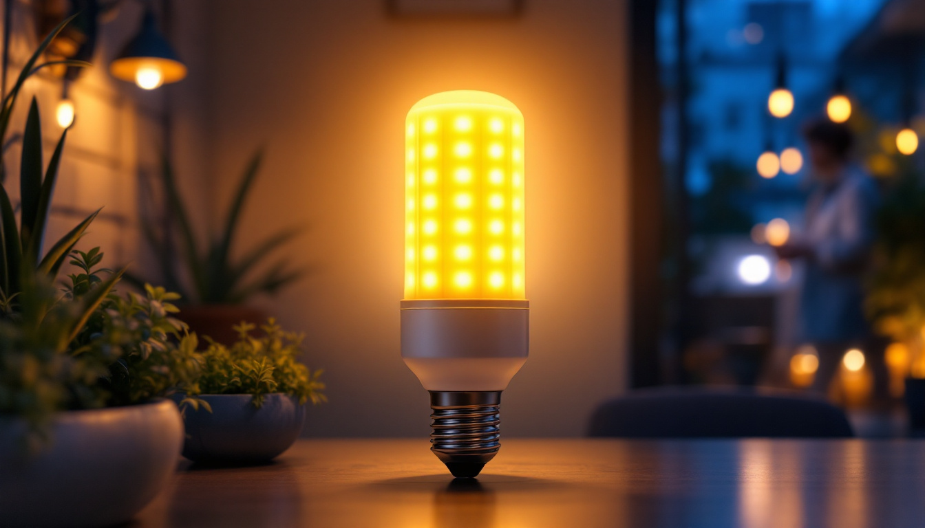 A photograph of a vibrant led corn bulb illuminating various settings