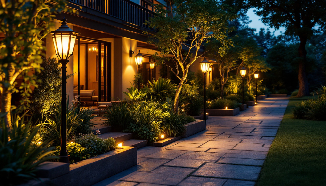 A photograph of a beautifully designed outdoor space illuminated by strategically placed post lamps