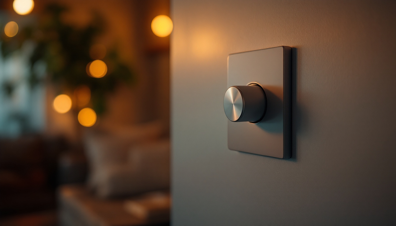 A photograph of a stylish dimmer switch being adjusted in a cozy