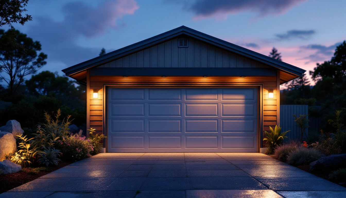 A photograph of a well-lit garage showcasing solar garage lights in action