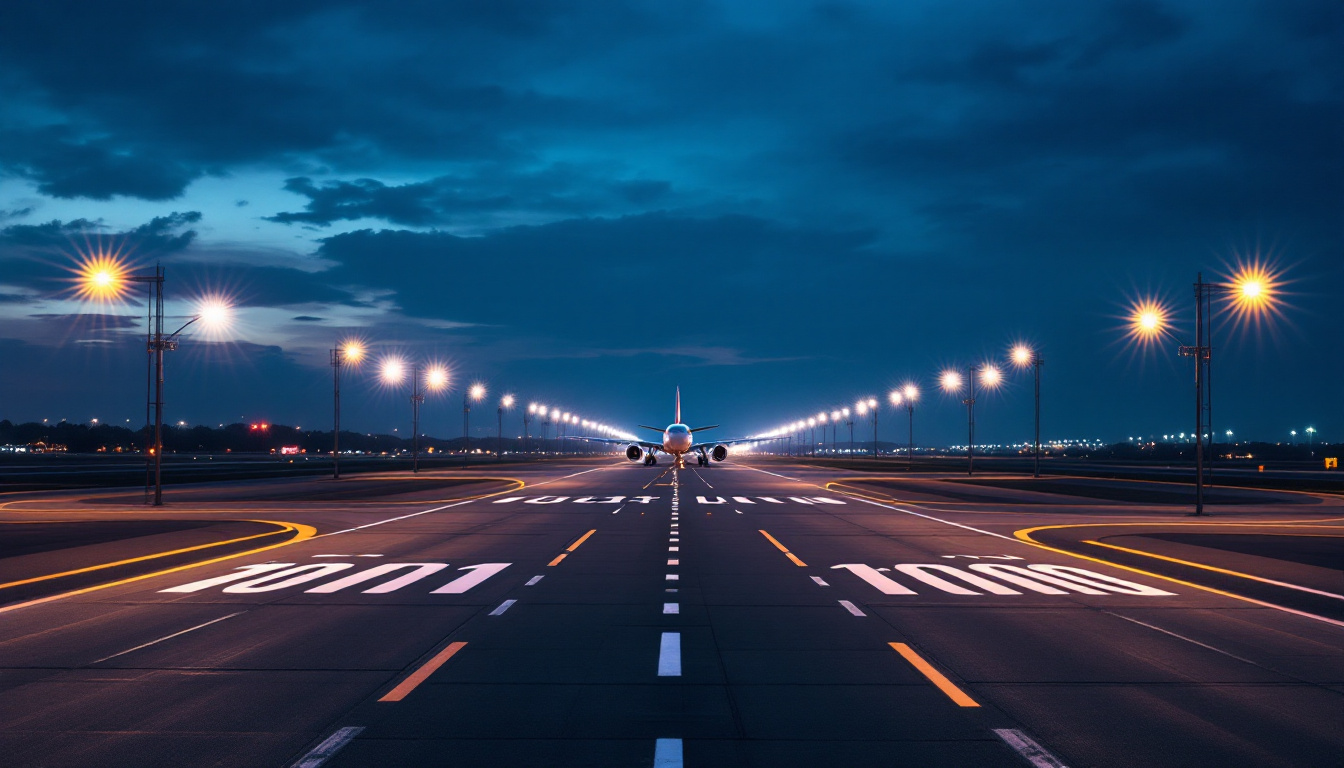 A photograph of capture a photograph of a well-lit airport runway at dusk