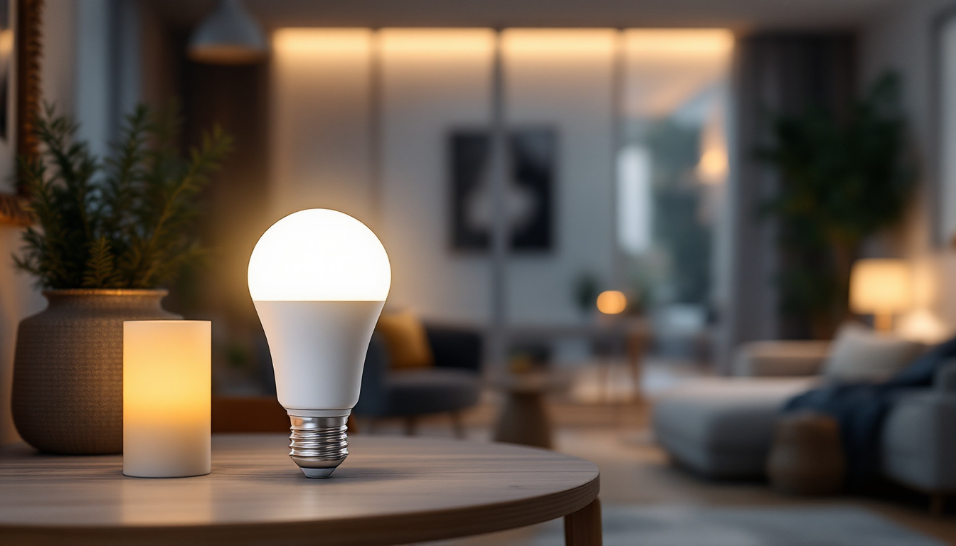 A photograph of a modern smart bulb illuminated in a stylish