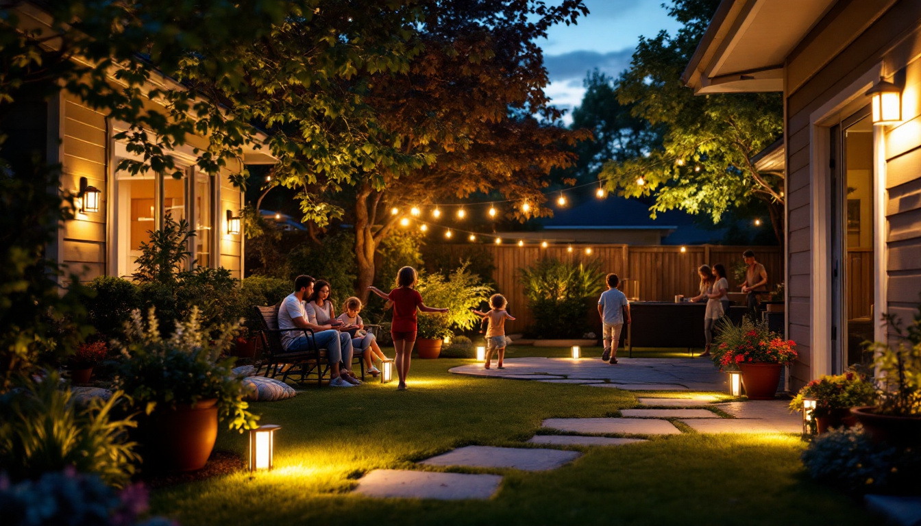 A photograph of a well-lit backyard scene at dusk