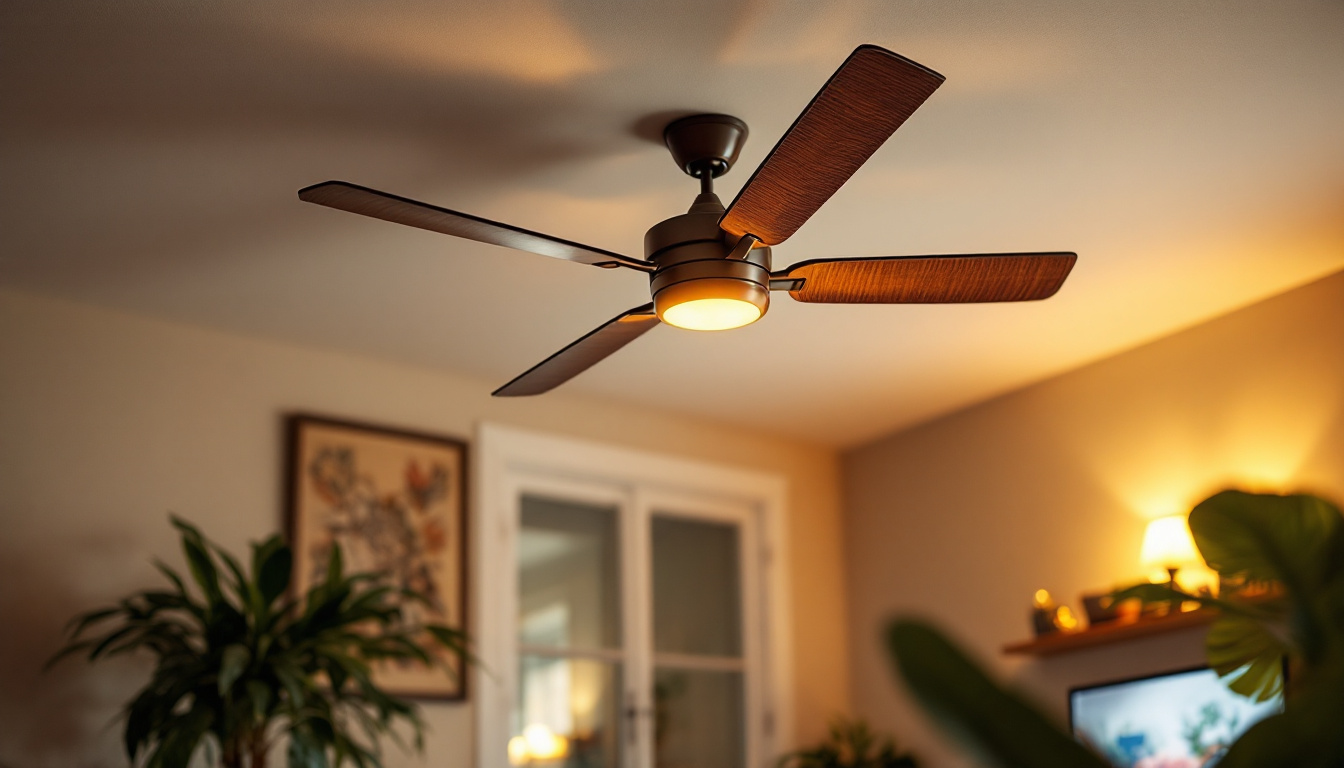 A photograph of a stylish ceiling fan in a well-lit room