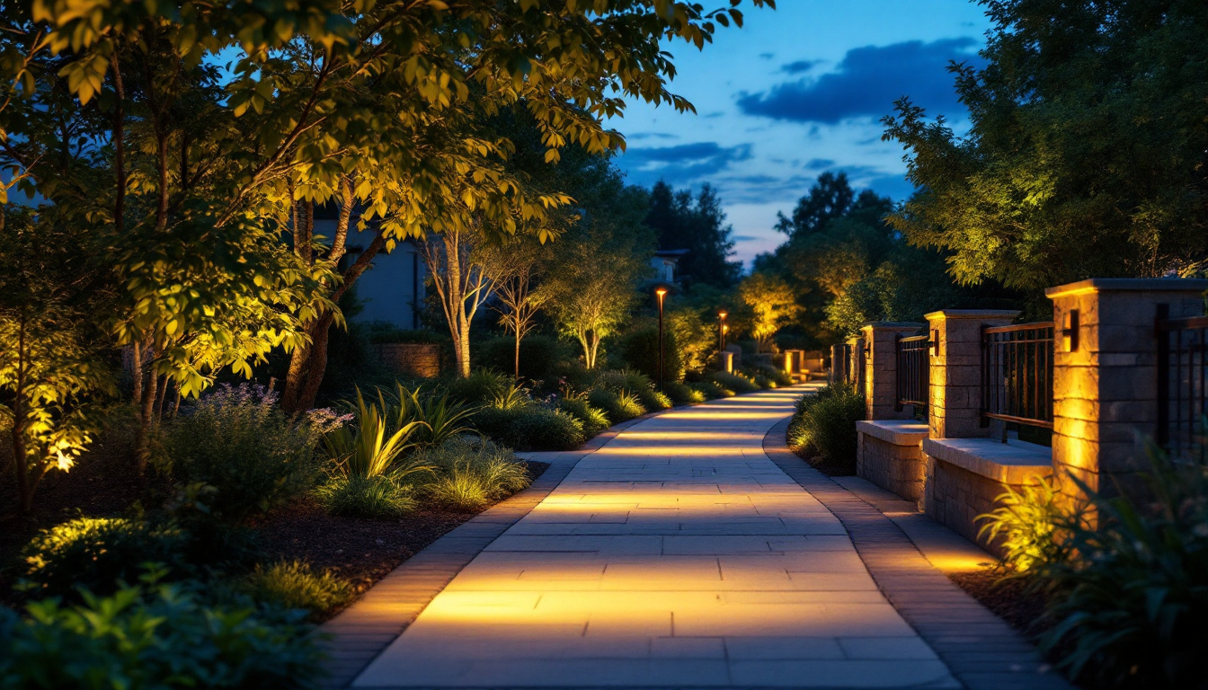 A photograph of a beautifully illuminated walkway at dusk