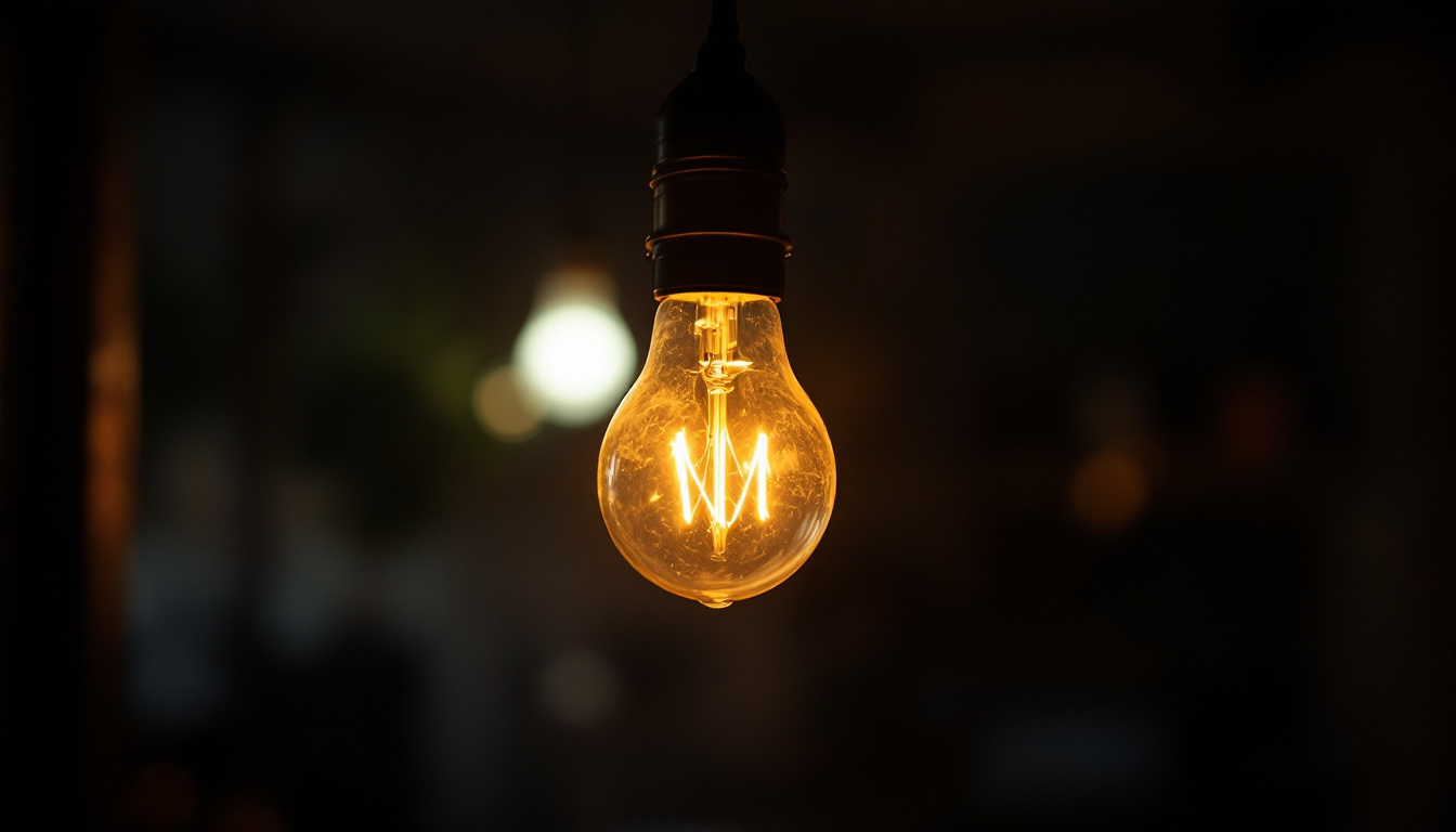 A photograph of a close-up of a flickering light bulb in a dimly lit environment