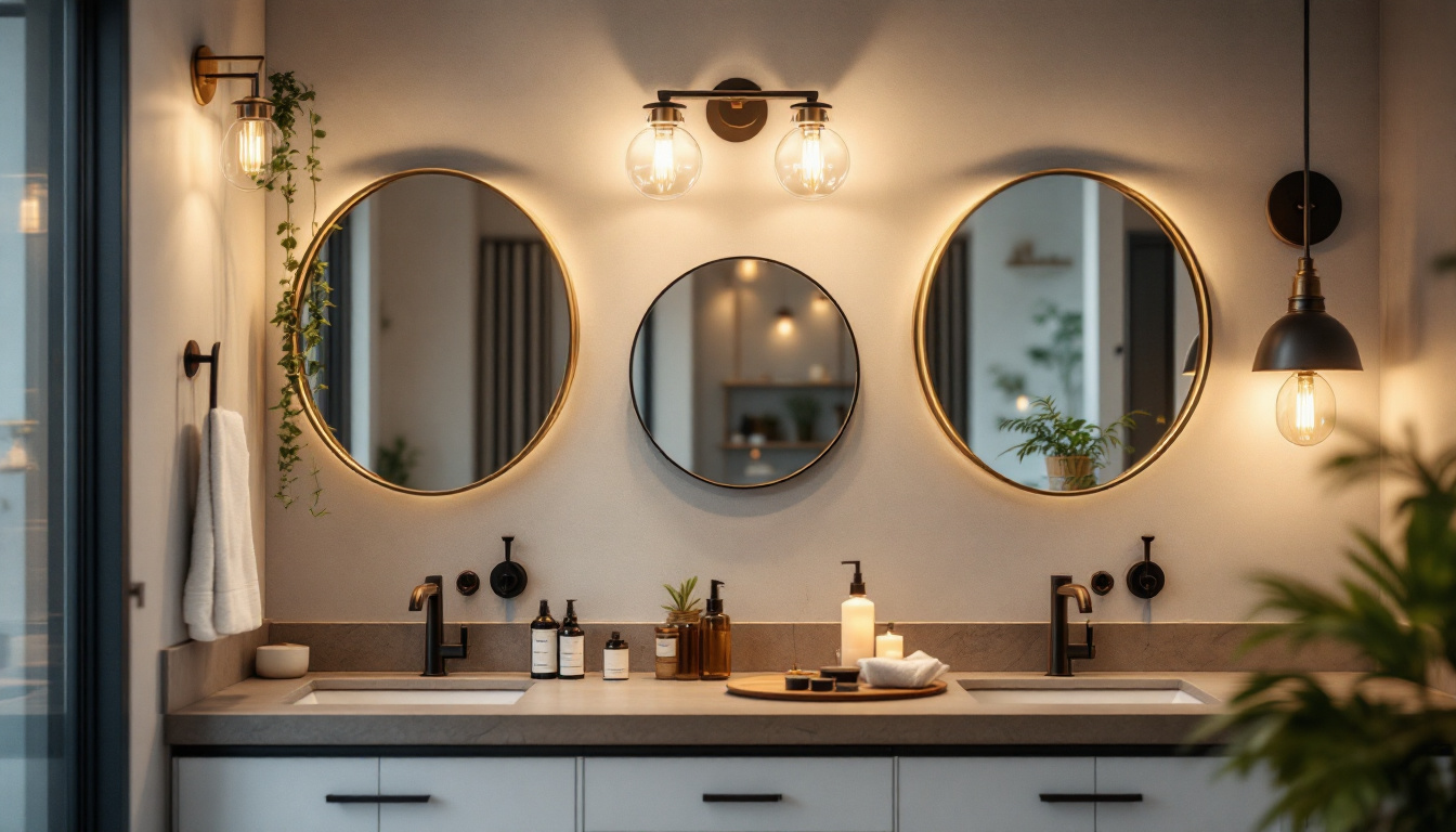 A photograph of a beautifully lit bathroom or vanity space showcasing a variety of stylish vanity light fixtures in use