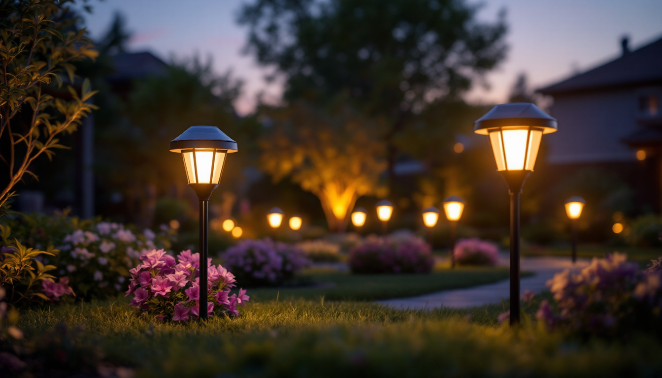 A photograph of a beautifully landscaped garden at twilight