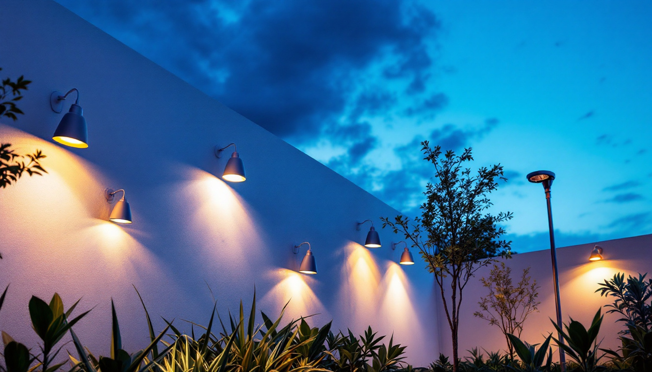 A photograph of a beautifully illuminated outdoor space featuring a variety of stylish lighting fixtures that enhance the aesthetic appeal and functionality of the area