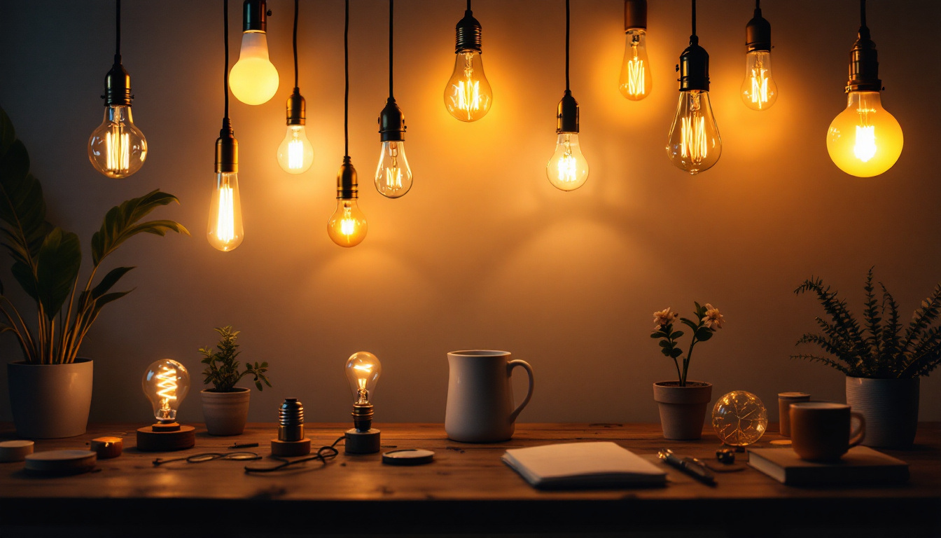 A photograph of a well-lit room showcasing a variety of lightbulbs in different styles and settings