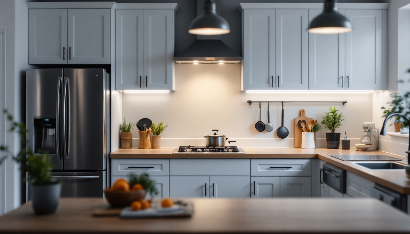 A photograph of a well-lit kitchen showcasing various styles of under cabinet lights in action