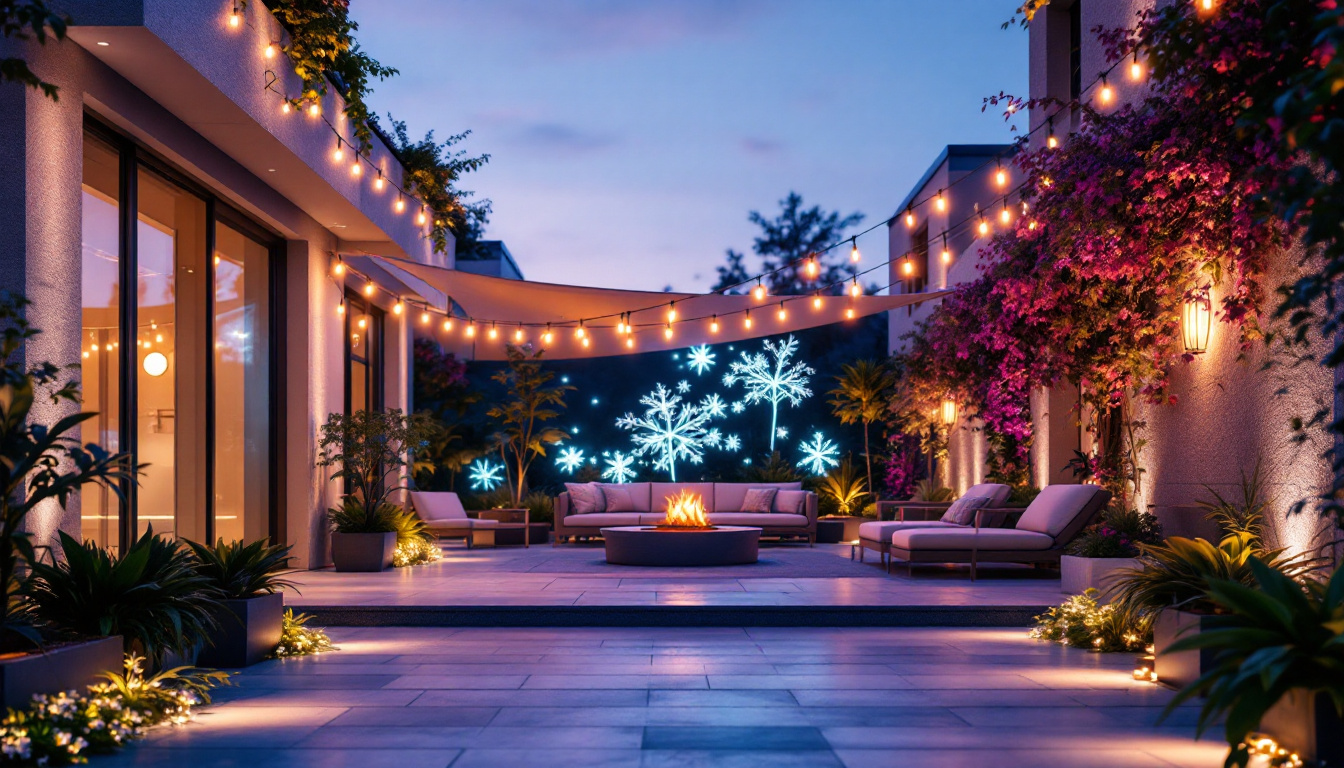 A photograph of a beautifully illuminated outdoor space showcasing a variety of led lights in different settings