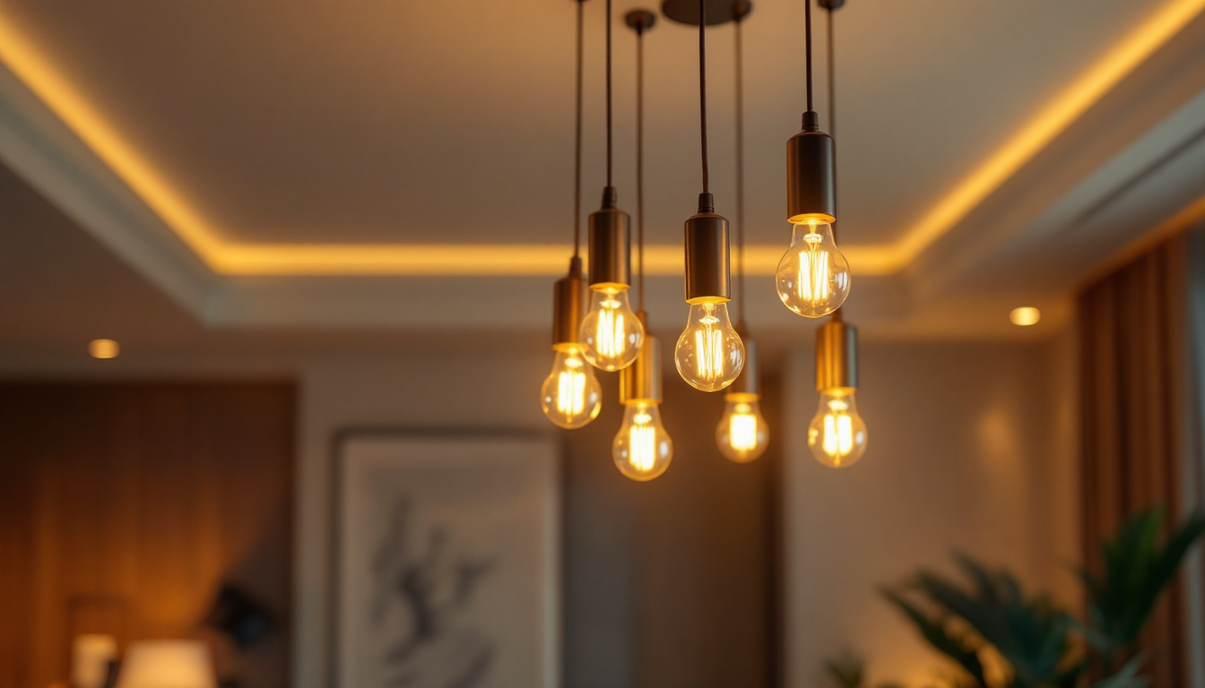 A photograph of a beautifully designed chandelier illuminated in a stylish room