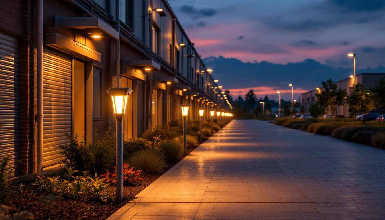 A photograph of a well-lit industrial or commercial space at dusk