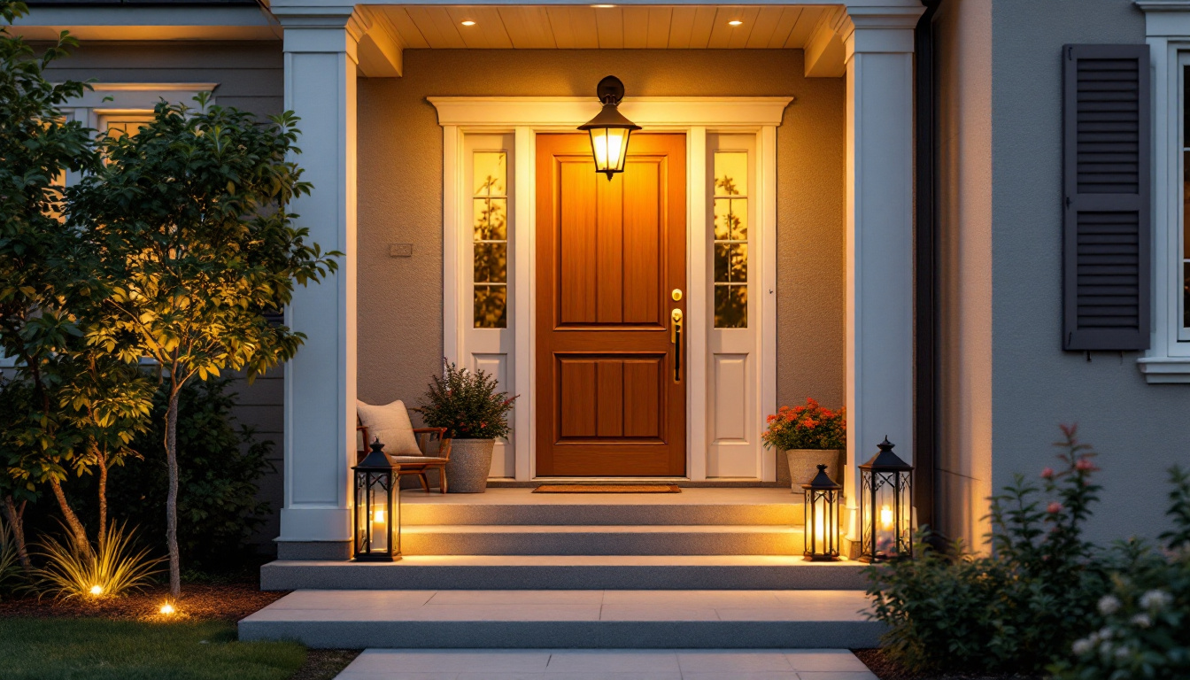 A photograph of a beautifully designed porch light illuminating a welcoming entryway